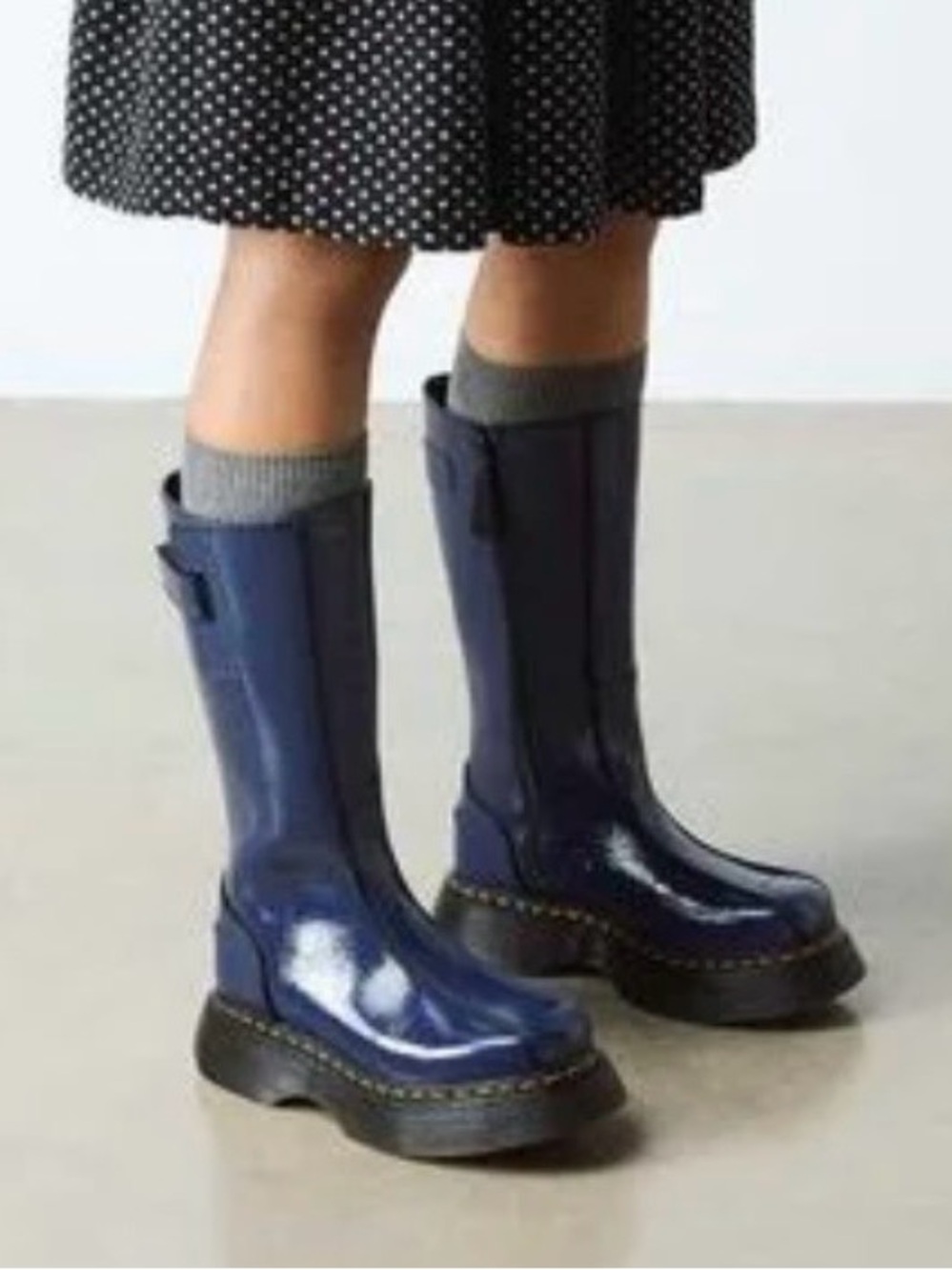 Dr. Martens Blue Buzz Tall High Distressed Patent Platform Zipper Boots